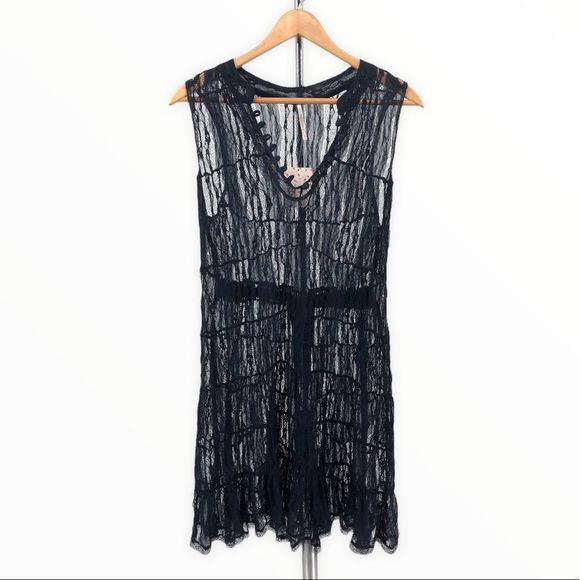 Free People Navy Sheer Lace Bow Back Minidress NWT - Picture 2 of 11